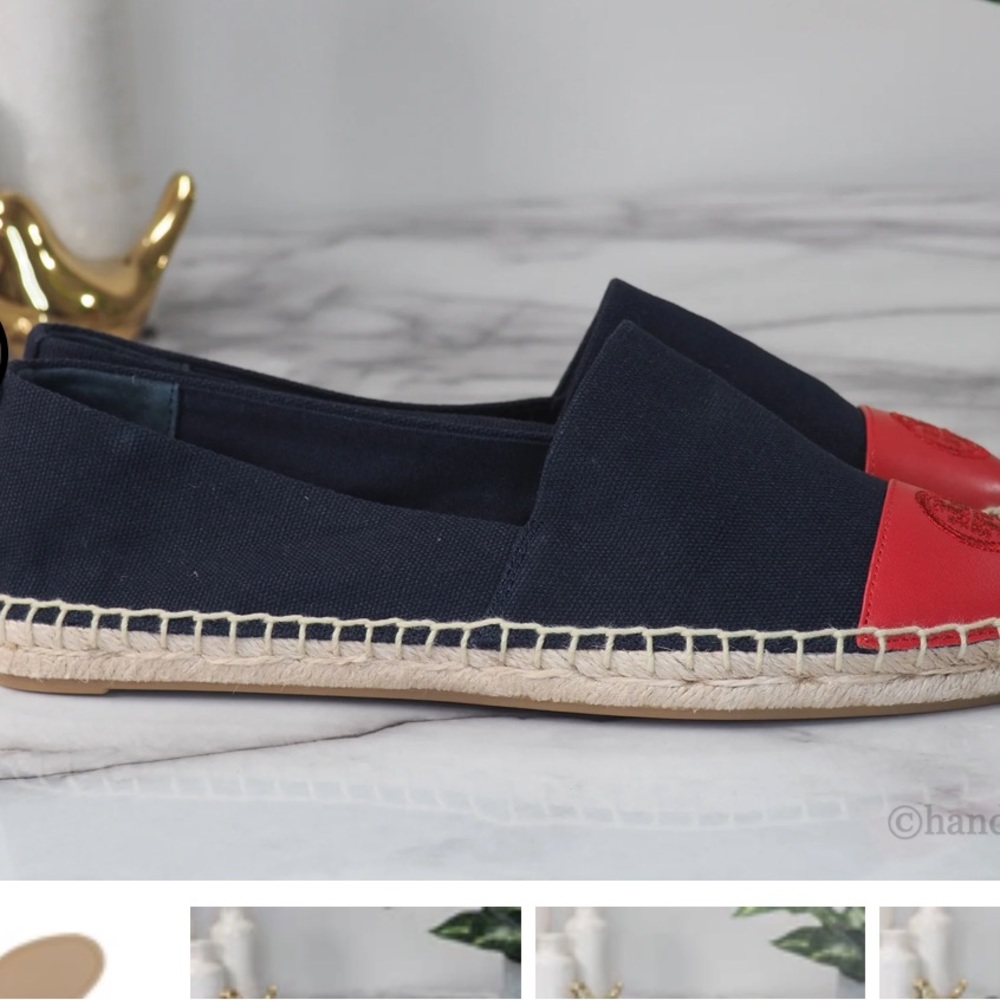 Tory Burch Recycled Canvas Leather Navy Red Color Block Espadrille Shoes - Picture 6 of 15